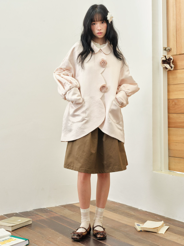 DAILY ARTIST - Soft Pink Pearl Satin Rose Bubble Sleeve Jacket