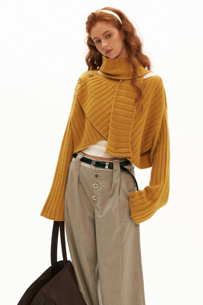MAMC - Soft Recycled Airy Knit Cross-Neck Sweater (Red / Yellow / Ivory)