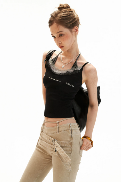 Layered Lace Letter Embroidered Cami Top