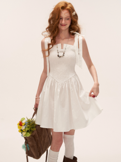 French Bow Tie Strap Smocked Dress WE852 (Classic White)