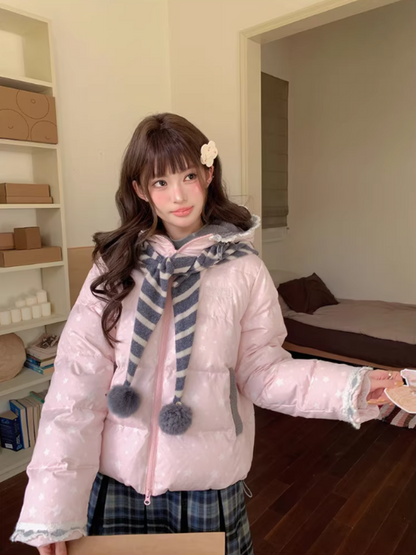 阮阮自制 - "Cherry Amber Star" Star Hooded White Duck Down Jacket