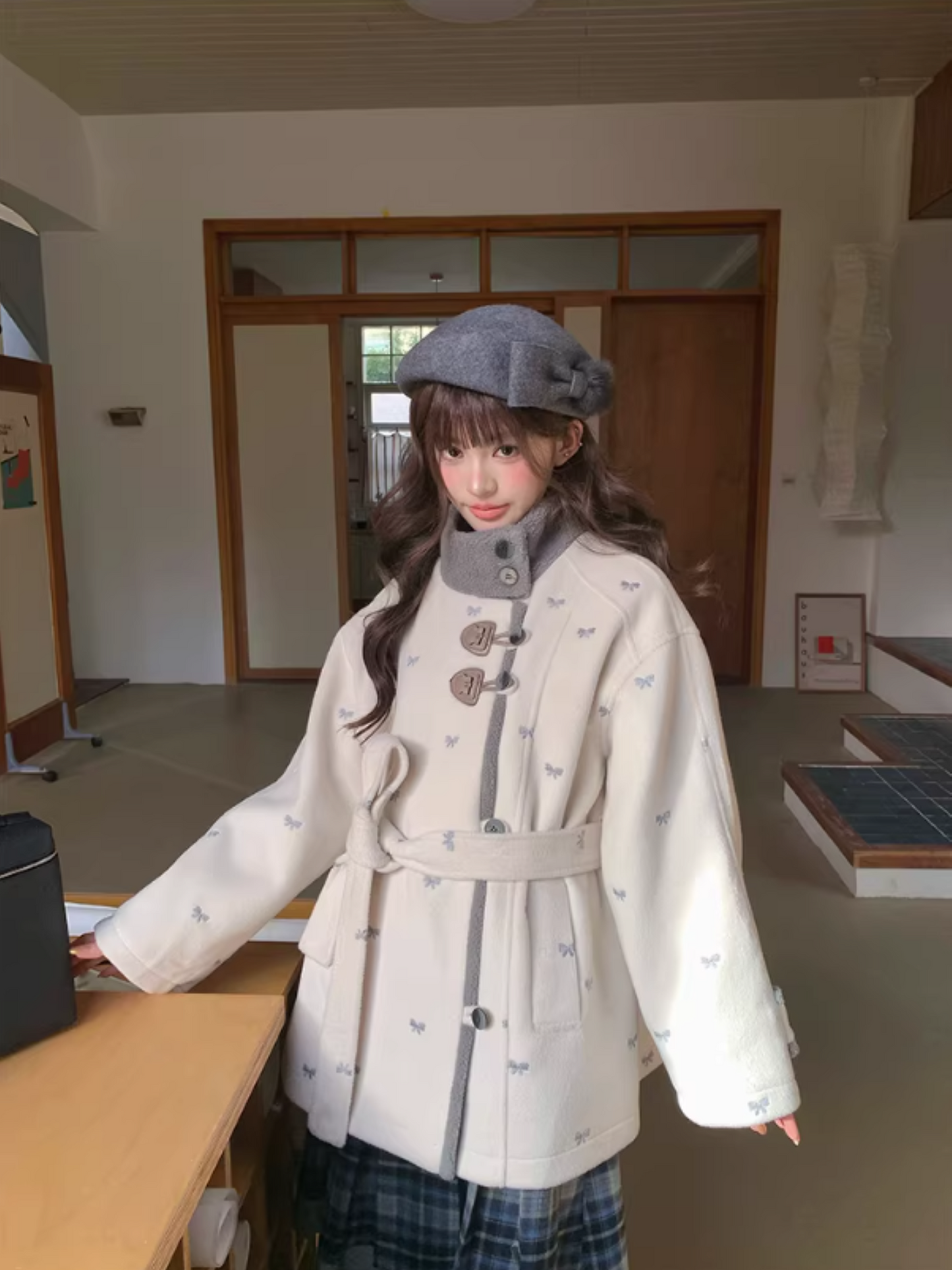阮阮自制 - "Fog Whisper" Bow Embroidered Wool-Blend Padded Coat