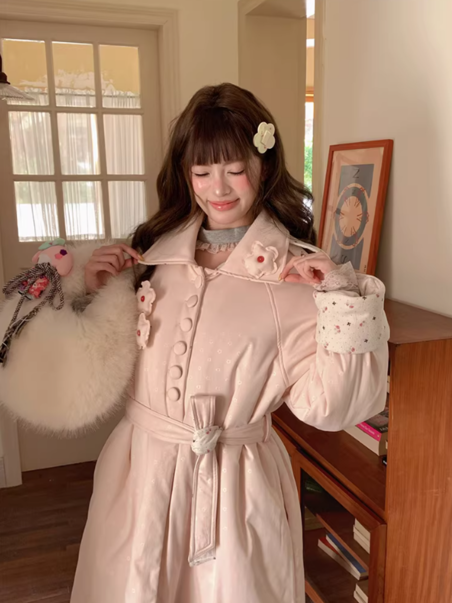 阮阮自制 - Honey Blossom Blush Floral Long Puffer Jacket