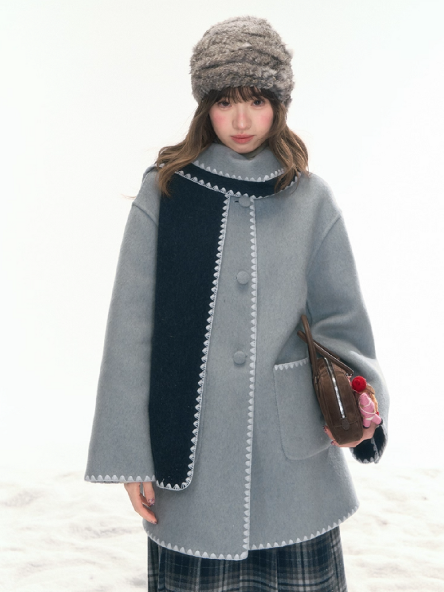 "Morning Verse & Night Poem" Reversible Wool Two-Tone Overcoat - Deep Blue × Light Blue LL2025455