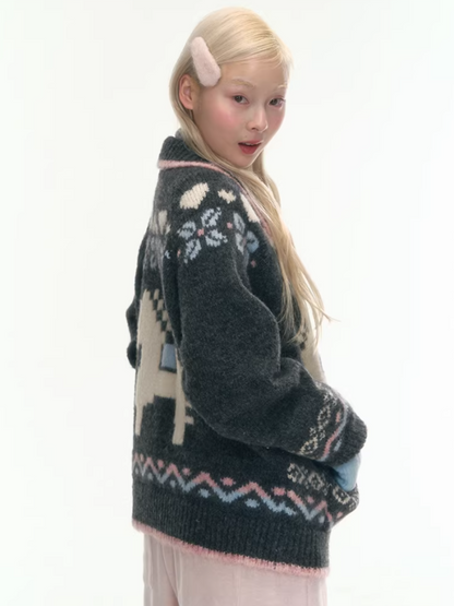 "Nordic Fairytale" Charcoal Pony Zip-Up Knit Cardigan WW2025449