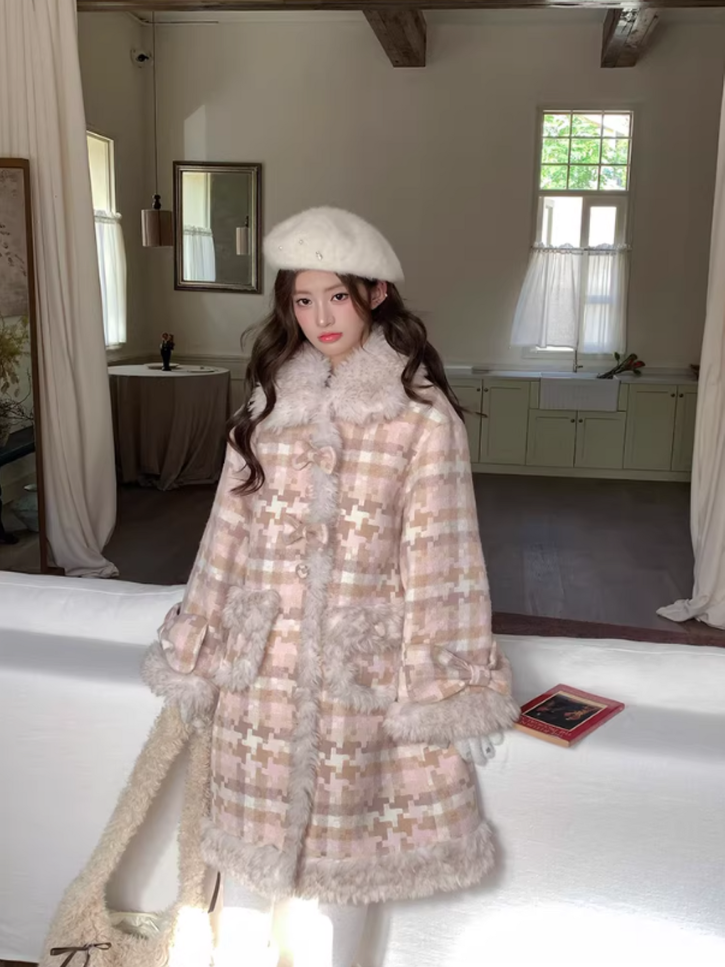 阮阮自制 - Clara Bow Blush Plaid Wool-Blend Padded Coat