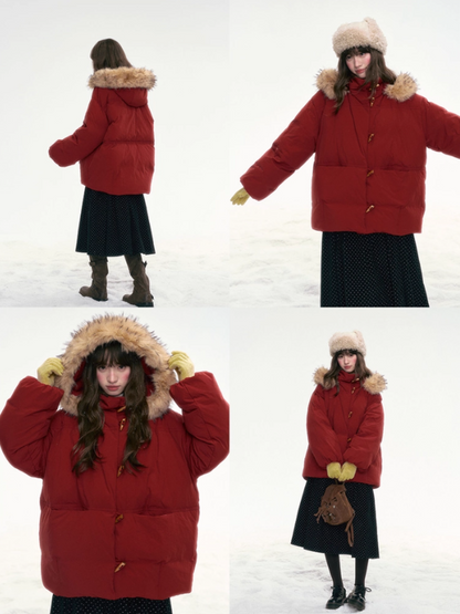 “Redwood Reverie” Festive Red Duffle-Hood Down Jacket LL2025317