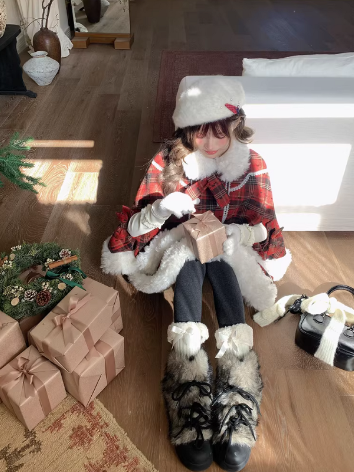 阮阮自制 - "Snowberry Dream" Plaid Cape Wool Blend Two-Piece Winter Set