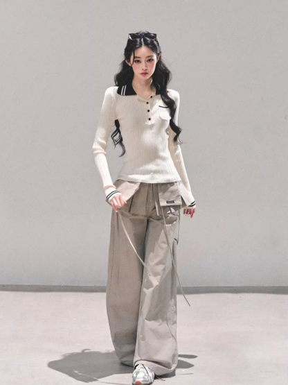 "温蒂的信" Classic Polo Collar Knit Top - White