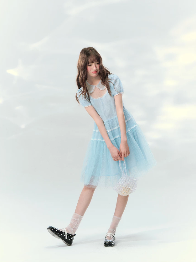 “Ice Blue Polka Dream” Blue Polka Dot Tiered Mini Dress