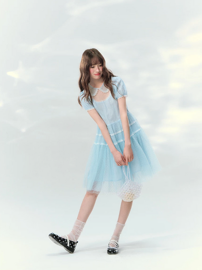 “Ice Blue Polka Dream” Blue Polka Dot Tiered Mini Dress