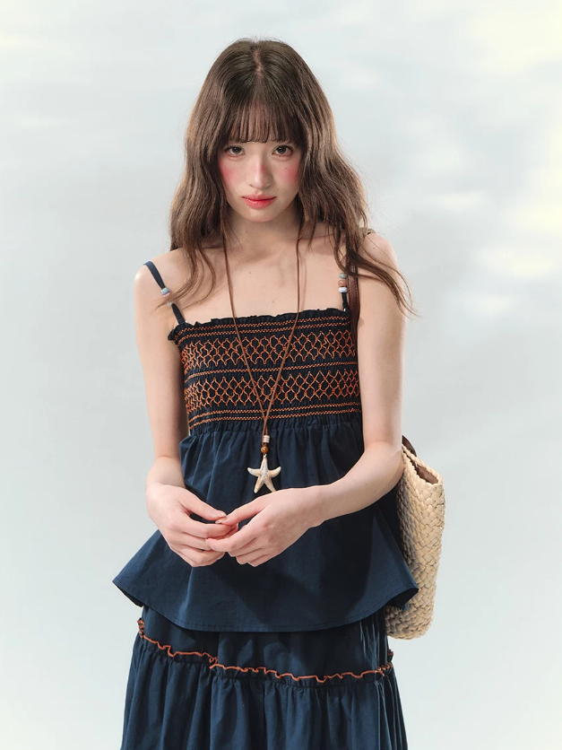 “Bohemian Travel Notes” Navy Beaded Cami & Tiered Maxi Skirt Set