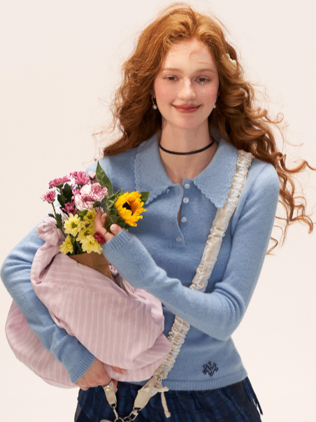MAMC - Vintage Crochet V-Neck Puff Sleeve Sweater WE837 - BLUE