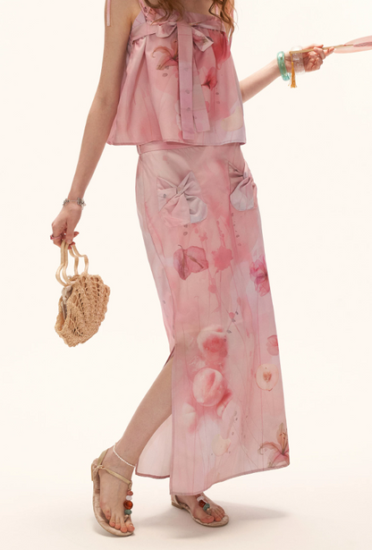 MAMC - "Peach Bloom Mood" Bow Cami & Midi Skirt Set WE906