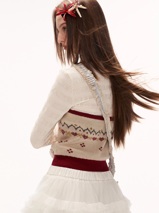 MAMC - Soft Beige Fair Isle Halter V-Neck Knit Vest WE872