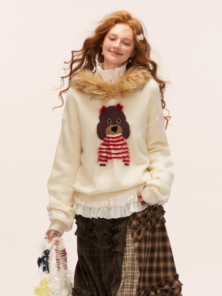 MAMC - Dog Fur-Trim Pullover Hoodie Sweater WE805 - Beige