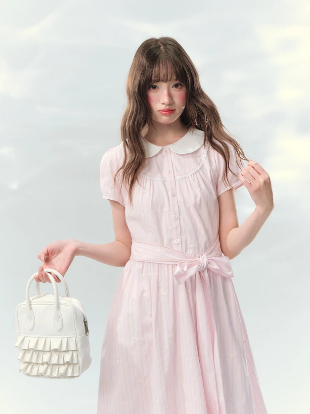 “Pink Mist Soufflé” Blush Pink Embroidered Doll Collar Dress