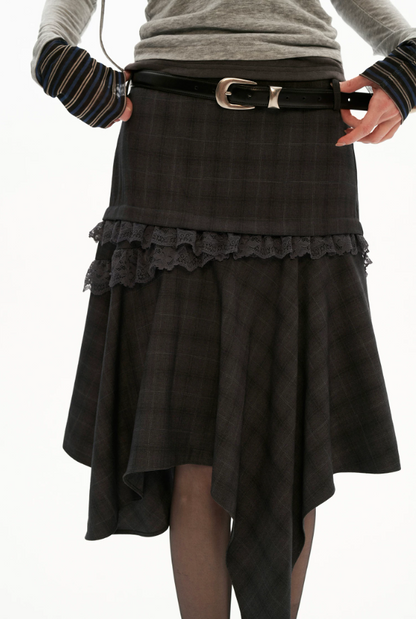 Grey Plaid Asymmetrical Lace Midi Skirt