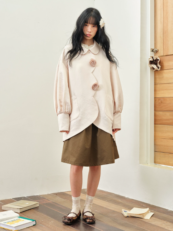 DAILY ARTIST - Soft Pink Pearl Satin Rose Bubble Sleeve Jacket