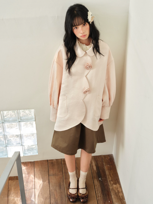 DAILY ARTIST - Soft Pink Pearl Satin Rose Bubble Sleeve Jacket