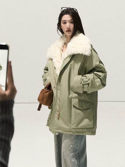 OAKMOO/ Misty Matcha Water-Resistant Down Parka with Wool Collar