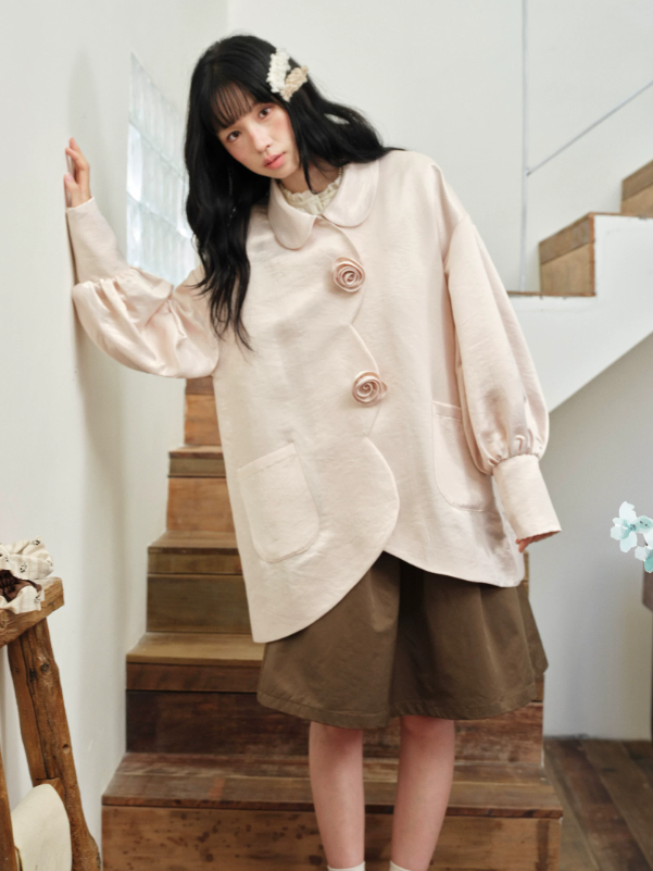 DAILY ARTIST - Soft Pink Pearl Satin Rose Bubble Sleeve Jacket