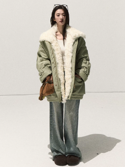 OAKMOO/ Misty Matcha Water-Resistant Down Parka with Wool Collar