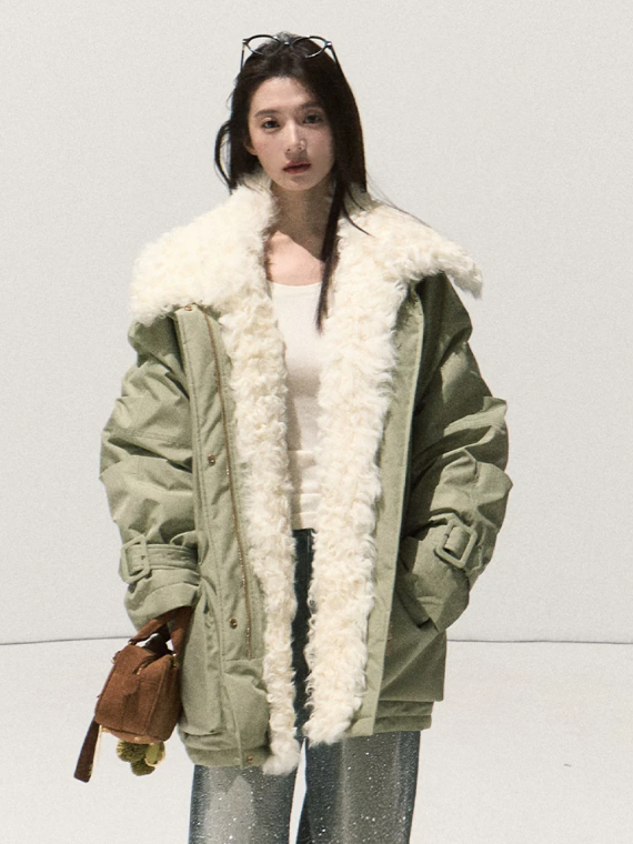 OAKMOO/ Misty Matcha Water-Resistant Down Parka with Wool Collar