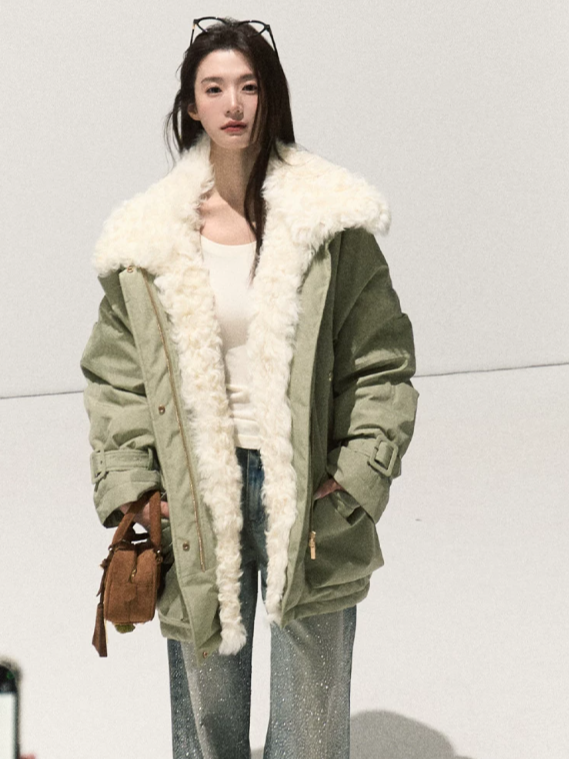 OAKMOO/ Misty Matcha Water-Resistant Down Parka with Wool Collar