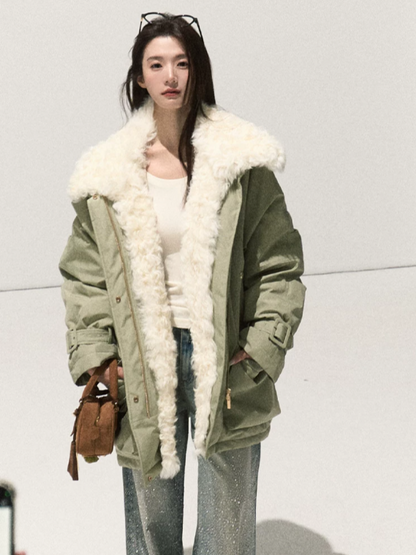 OAKMOO/ Misty Matcha Water-Resistant Down Parka with Wool Collar
