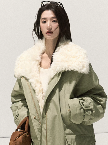 OAKMOO/ Misty Matcha Water-Resistant Down Parka with Wool Collar