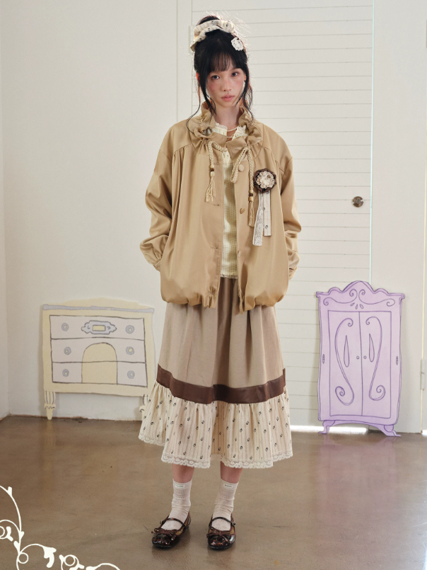 DAILY ARTIST - Champagne Ruffle Stand-Collar Drawstring Jacket