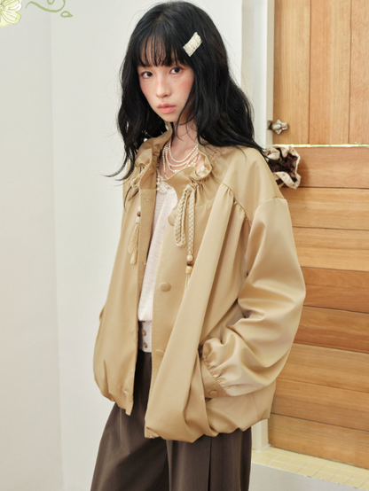 DAILY ARTIST - Champagne Ruffle Stand-Collar Drawstring Jacket