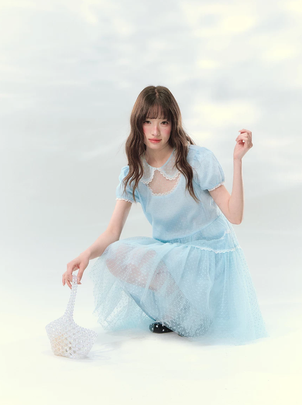 “Ice Blue Polka Dream” Blue Polka Dot Tiered Mini Dress