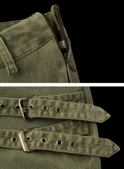 Vintage Multi-Belt Flared Jeans - Olive Green WE938
