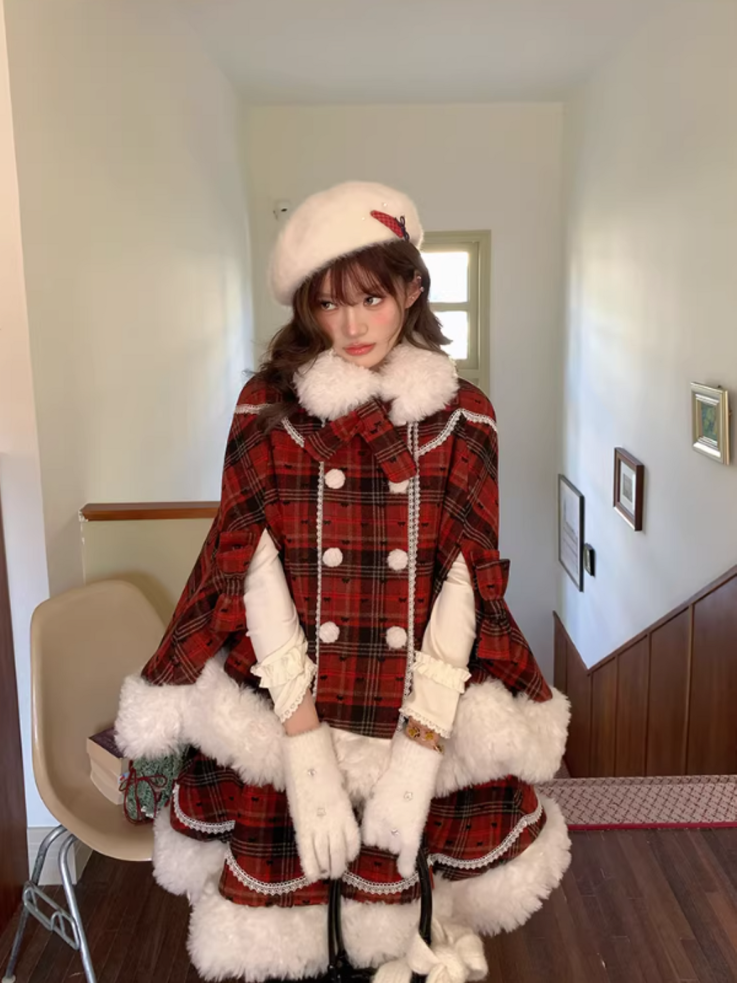 阮阮自制 - "Snowberry Dream" Plaid Cape Wool Blend Two-Piece Winter Set