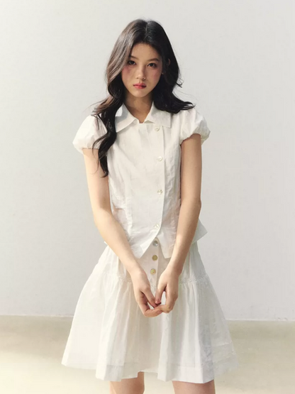 "Summer White Notes" Textured Shirt & Mini Skirt Set LL2026015