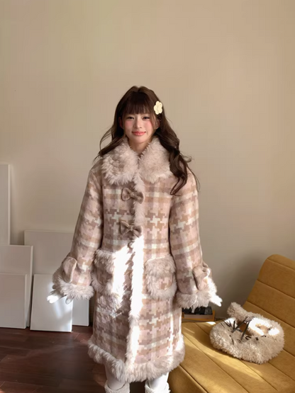 阮阮自制 - Clara Bow Blush Plaid Wool-Blend Padded Coat