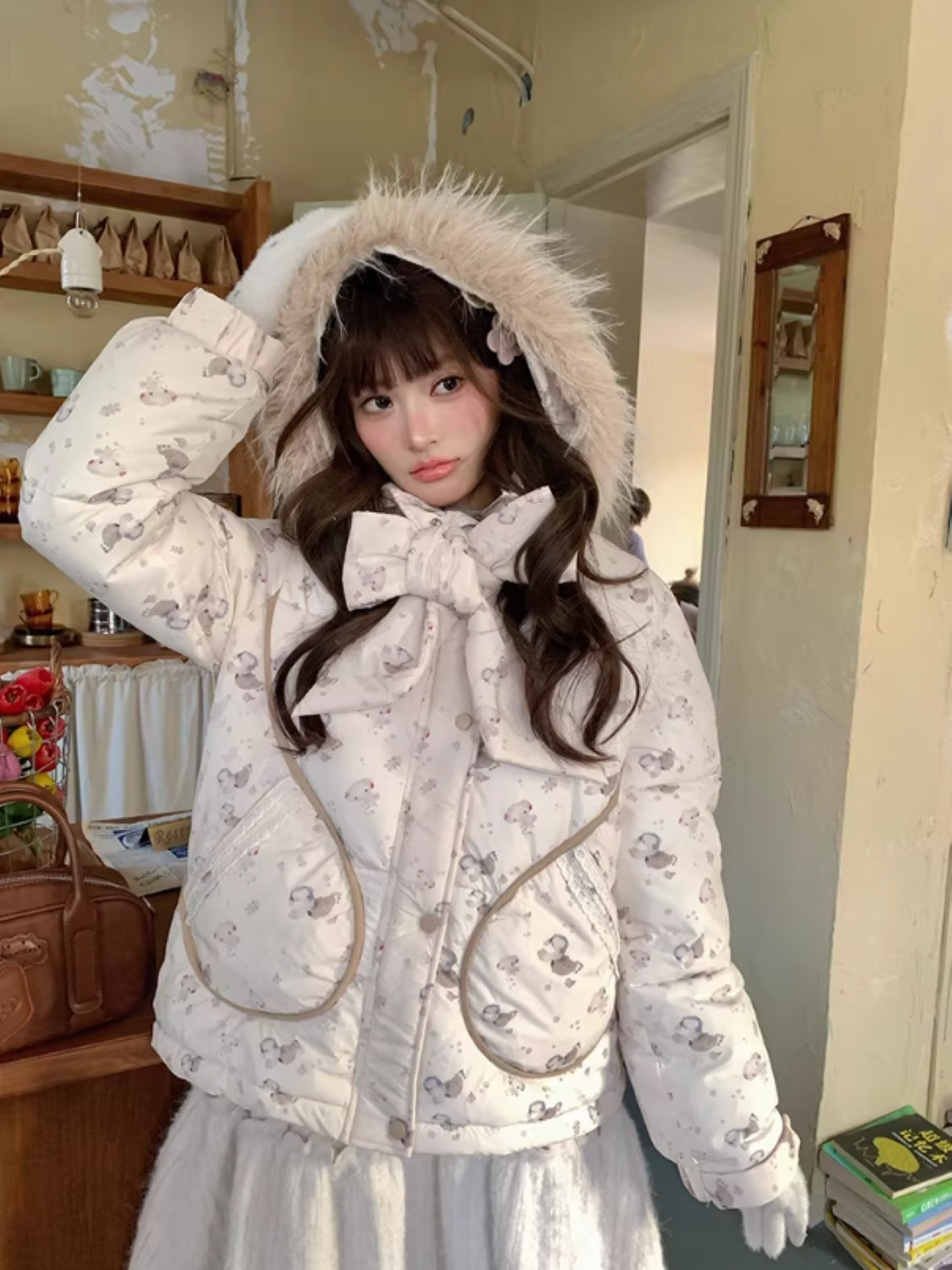 阮阮自制 - "Fluffy Pup" Bow-Detail Puppy Print Puffer Jacket