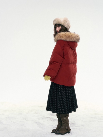 “Redwood Reverie” Festive Red Duffle-Hood Down Jacket LL2025317