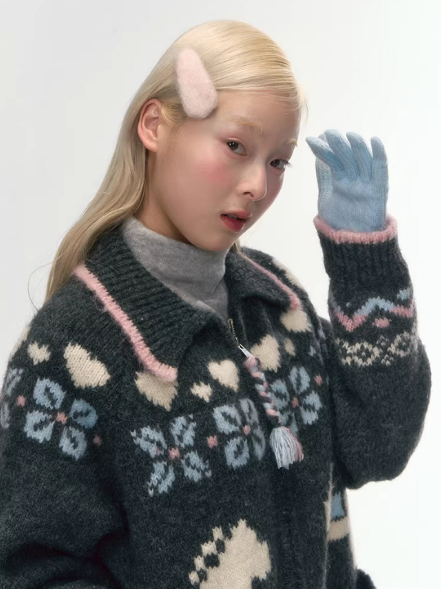 "Nordic Fairytale" Charcoal Pony Zip-Up Knit Cardigan WW2025449