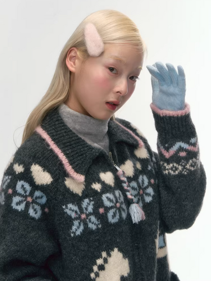 "Nordic Fairytale" Charcoal Pony Zip-Up Knit Cardigan WW2025449