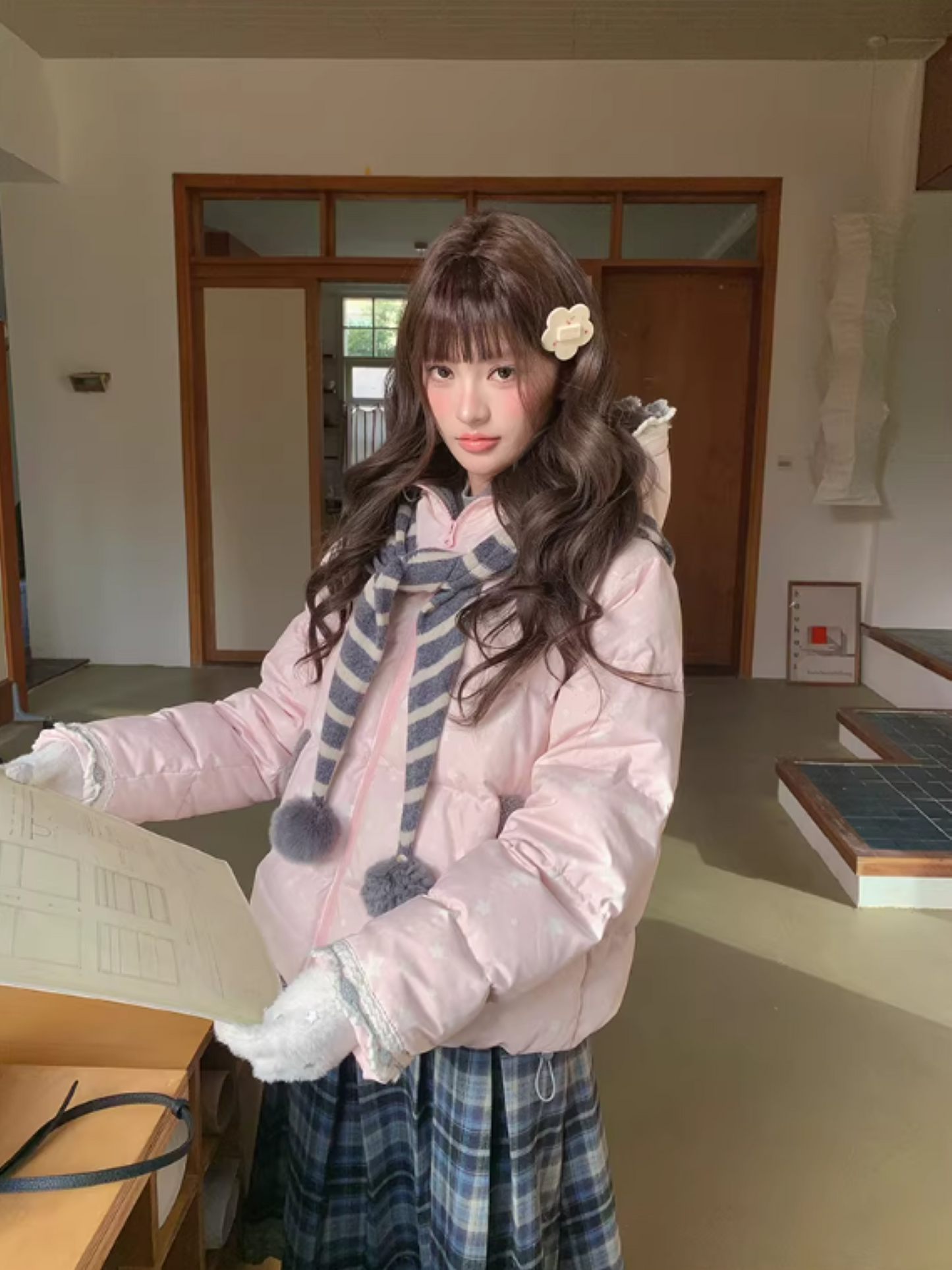 阮阮自制 - "Cherry Amber Star" Star Hooded White Duck Down Jacket