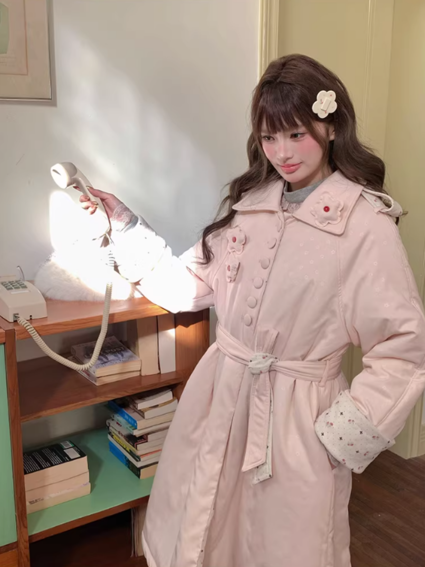 阮阮自制 - Honey Blossom Blush Floral Long Puffer Jacket