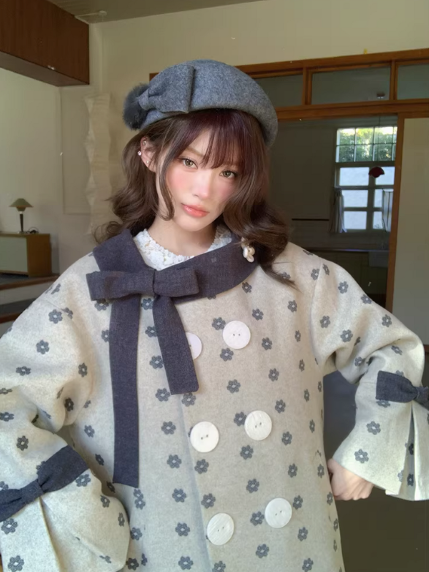阮阮自制 - "Mild Butterfly" Bow-Embroidered Padded Wool-Blend Winter Coat