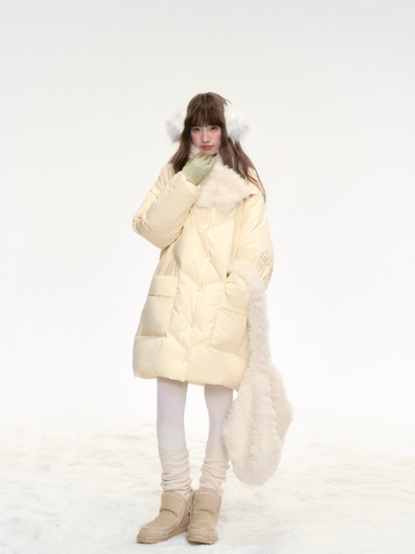 "Honey Glow" Soft Cream Mid-Length Down Jacket SJ2025331