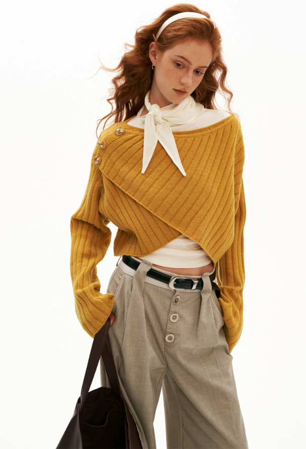 MAMC - Soft Recycled Airy Knit Cross-Neck Sweater (Red / Yellow / Ivory)