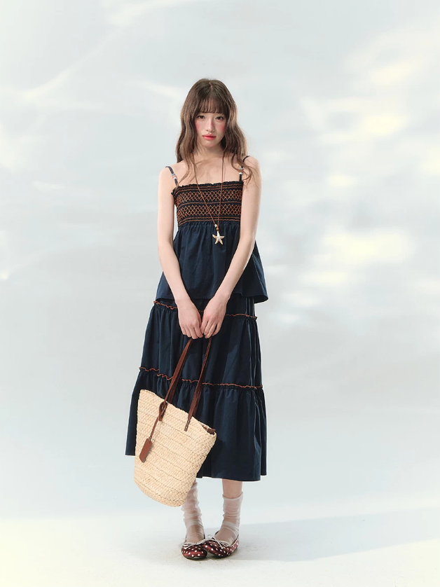 “Bohemian Travel Notes” Navy Beaded Cami & Tiered Maxi Skirt Set