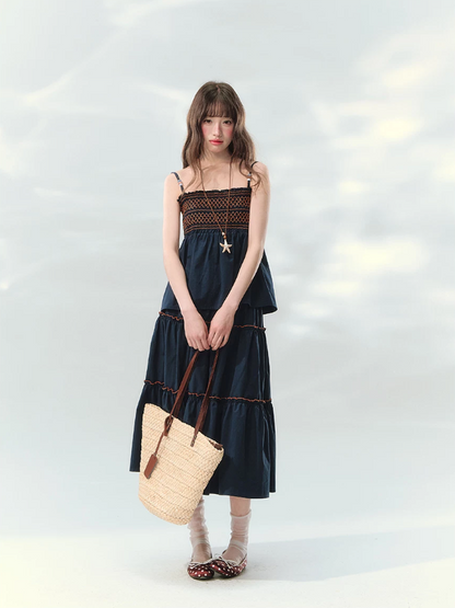 “Bohemian Travel Notes” Navy Beaded Cami & Tiered Maxi Skirt Set