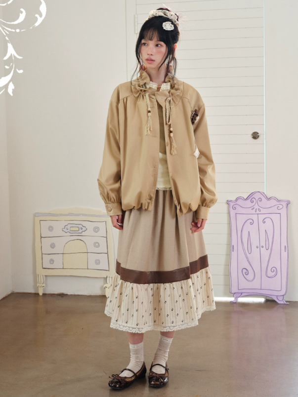 DAILY ARTIST - Champagne Ruffle Stand-Collar Drawstring Jacket
